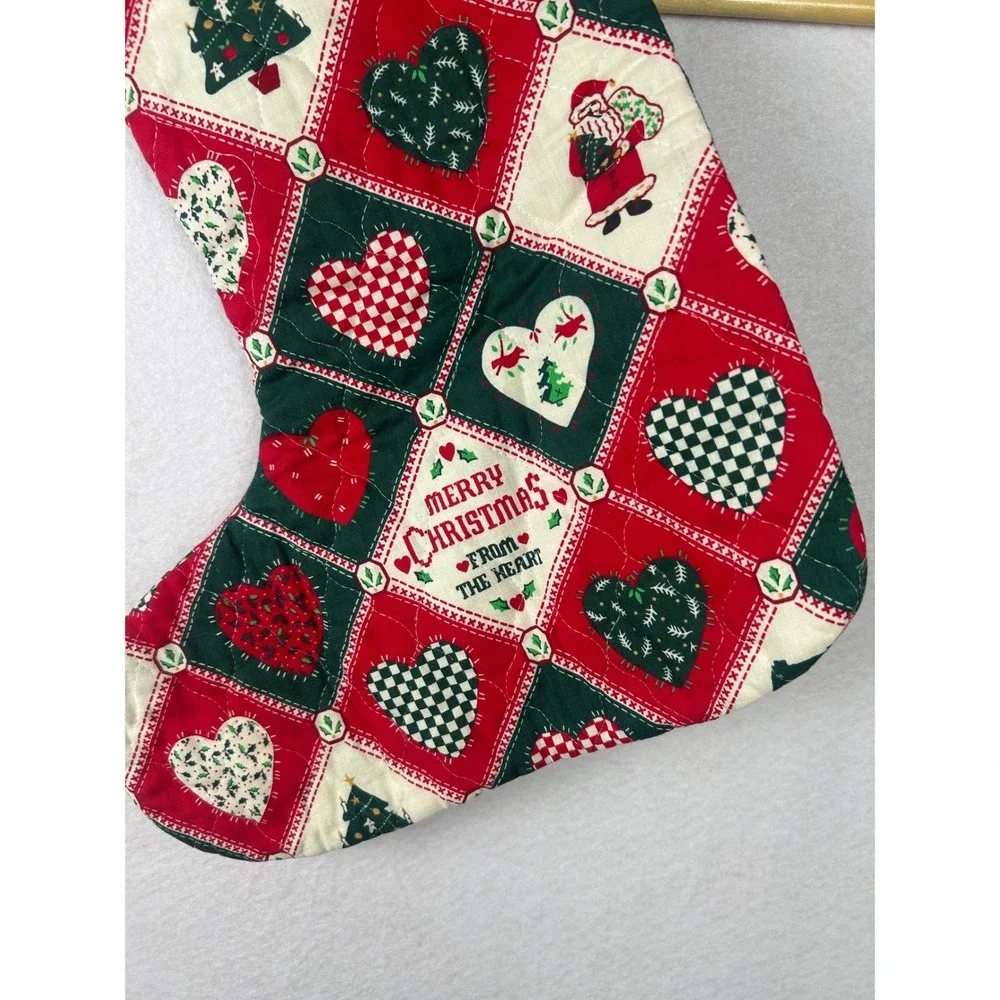 VTG Handmade Quilted Christmas Stocking Red Green Patchwork Hearts Santa OS